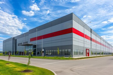 Fototapeta na wymiar industrial building exterior, grey and red color scheme, vibrant greenery, vast parking area, logistics operations