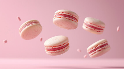 French macarons flying in the air among the crumbs on pink background.