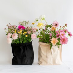 There is a black canvas bag and a light brown canvas bag on a white background, both filled with pink and yellow flowers 