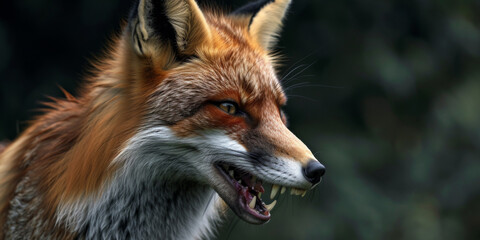 Obraz premium Close-up of a fox on the side on a dark green background