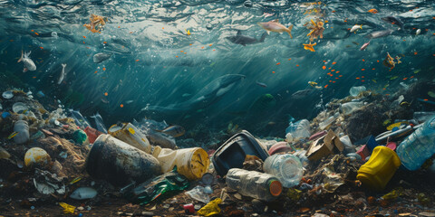 Fototapeta na wymiar Illustration of water pollution. Garbage on ocean floor
