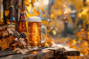 A glass of beer is on a wooden table with leaves and a bottle of beer in the background. Oktoberfest Concept - obrazy, fototapety, plakaty