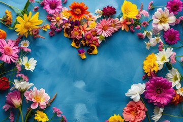 Beautiful heart shaped floral wedding arch with colorful roses flowers and tropical fern leaves, Valentine’s day nature backdrop isolated on blue background with clipping path.