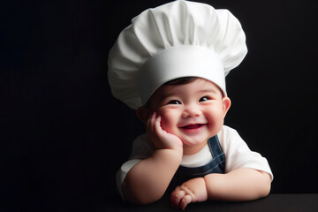 happy baby wear cook hat isolated on solid black background copy space. ai generative