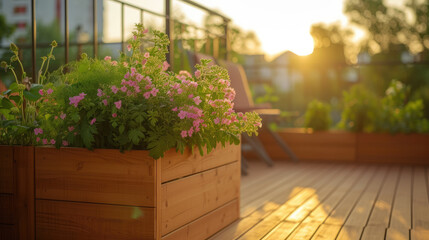 Beautiful balcony or terrace with wooden floor, chair and green potted flowers plants.  - obrazy, fototapety, plakaty