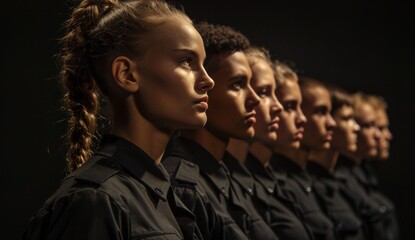 young police cadets, men and women, stand wide in a long row, ready for duty