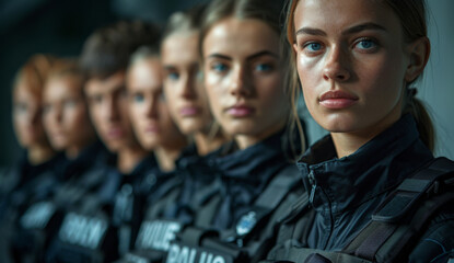 young police cadets, men and women, stand wide in a long row, ready for duty - obrazy, fototapety, plakaty
