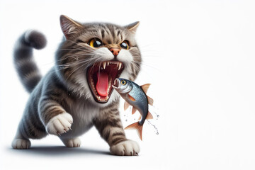 Obraz premium full body Angry cat with an open mouth and a fish in it on a color white background. ai generative