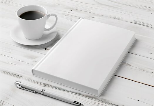 Closed white book, a desk with a pen and coffee, mockup.
