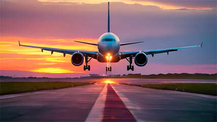 A large Aeroplane taking off from runway at sunset or dawn with the landing gear. Aeroplane take off - obrazy, fototapety, plakaty