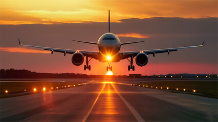 A large Aeroplane taking off from runway at sunset or dawn with the landing gear