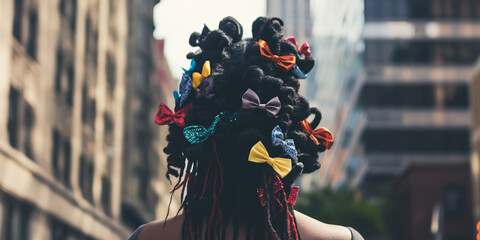 Colorful Hair Accessories Adorning Sophisticated Hairstyle in Urban Backdrop