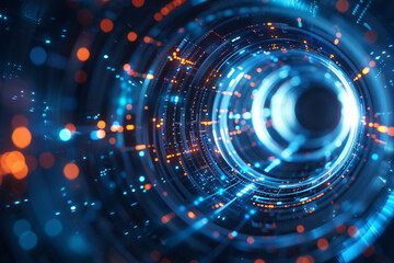 Fototapeta premium Blue futuristic technology tunnel with glowing lights