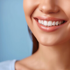 Obraz premium woman smiles with perfect white teeth. Dentistry concept, prosthetics and dental implantation.
