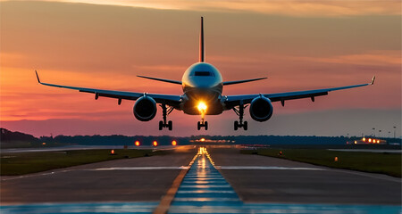 A large Aeroplane taking off from runway at sunset or dawn with the landing gear. Aeroplane take off