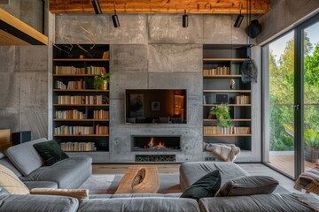 cozy living room with fireplace and wood books
