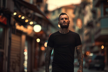 Fototapeta premium man wearing black standing in an alleyway as night falls