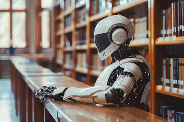 The robot at the desk in the library is ready to issue books to visitors