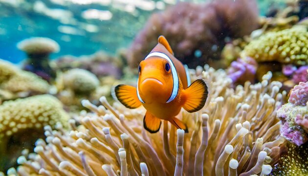 beautiful coral reef with a single clownfish in focus and a blurred underwater environment