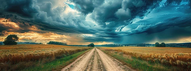 Fotobehang Thunderstorm in the field in the evening, thick clouds illuminated by lightning hung over the field and the road in the middle of the field © Volodymyr