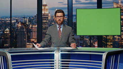 Man host point mockup screen talk evening news. Anchor broadcasting chroma key
