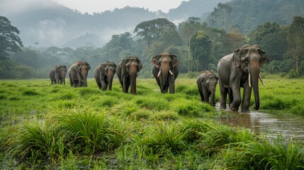 Fototapeta premium Herd of Elephants Walking Across Lush Green Field