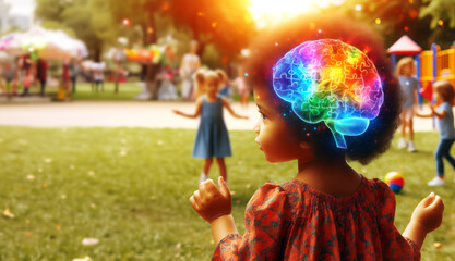 African-American little girl with a double exposure of a brightly colored puzzle in background of her head is having fun playing with peers in a city park. World Autism Day with space for text
