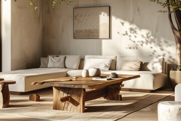 living room with wooden tables and sofa