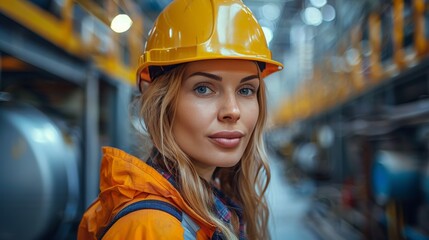 Woman Wearing Hard Hat in Factory