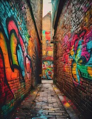 abstract colorful graffiti on brick wall