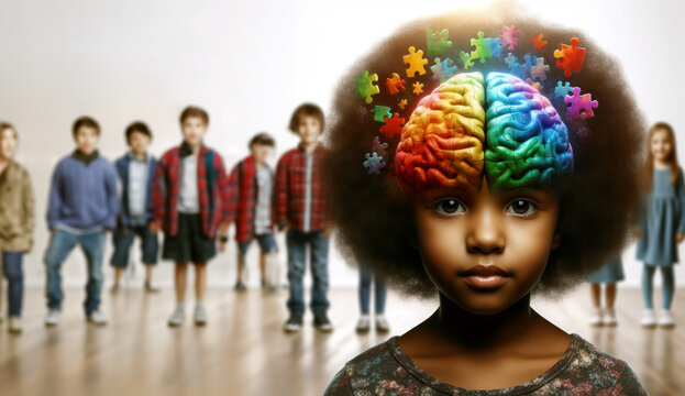 Portrait of a curly-haired African American female color puzzle against a background of healthy peers. Concept of Child Mental Health, World Autism Awareness Day