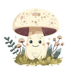 Cute cartoon mushroom in the grass. Vector illustration isolated on white background.