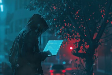 person in hood with laptop in night