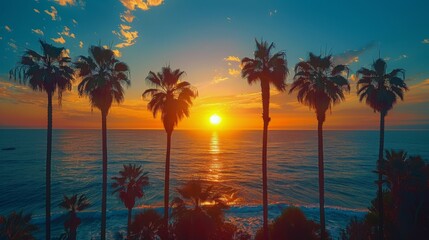 Fototapeta na wymiar Sunset Over the Ocean With Palm Trees