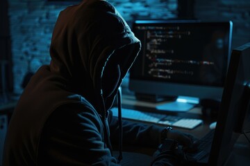 hooded computer attacker digital identity in dark at computer
