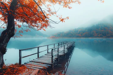 Muurstickers dock leading to a lake is foggy © AAA