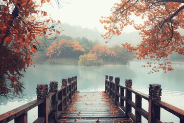dock leading to a lake is foggy - obrazy, fototapety, plakaty
