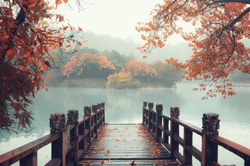 Fotobehang dock leading to a lake is foggy © AAA