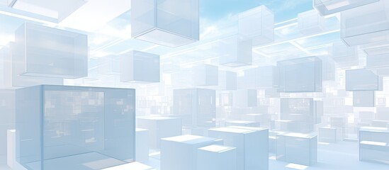 A room resembling a cloudfilled sky with numerous white cubes floating in the air, creating an atmospheric urban design of rectangles like a skyscraper of water