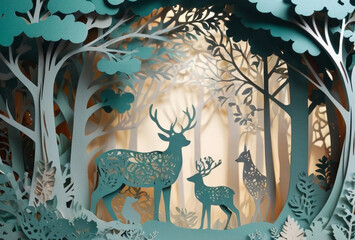 A whimsical forest scene with animals crafted from intricately cut paper., Paper cutting art style