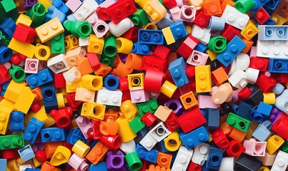 Fototapeta na wymiar A toy constructor. Close-up of a haphazard pile of colorful toy bricks. View from above