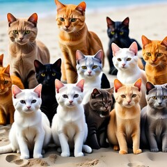 Many cats of different colors on the beach.