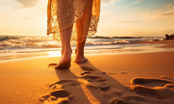 Closeup of woman feet walking on sand beach during a golden hour sunset