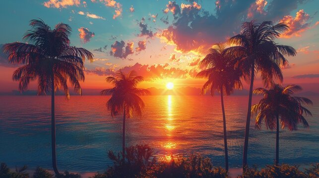 Sunset Over the Ocean With Palm Trees
