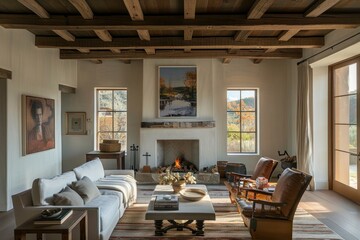 living room with a fireplace and beams