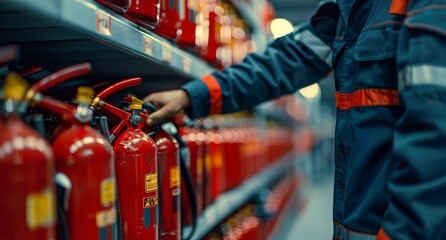 Man Working on Fire Extinguisher in Orange Safety Vest