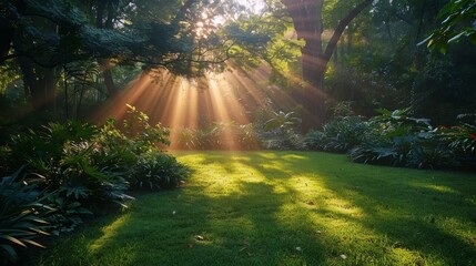 Obraz premium Sun Shines Through Trees in Garden