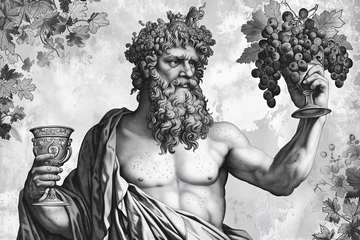 Tuinposter Engraved portrait of Bacchus the Roman god of wine who's father was Jupiter, the Greek equivalent is Dionysus, computer, black and white monochrome stock illustration image © Tony Baggett
