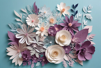 Intricate paper-cut flowers arranged in a beautiful bouquet. Paper cutting art style