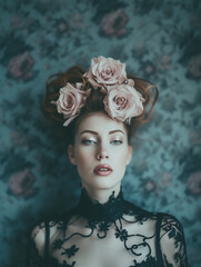 Ethereal woman with rose crown lying against a floral patterned background
